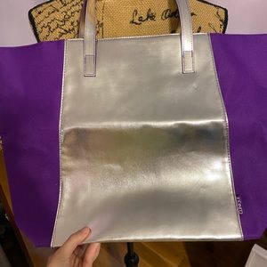 Purple and silver Clinique tote bag